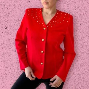 Vintage 1980s Sunshine Starshine Red Gold Metallic Stud Embellished Blazer